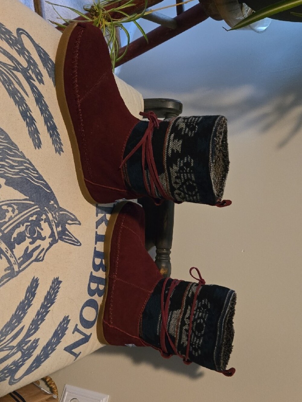 Toms Women's Burgundy Red Suede Winter Boots with Patterned Knit Cuff - Picture 3 of 8